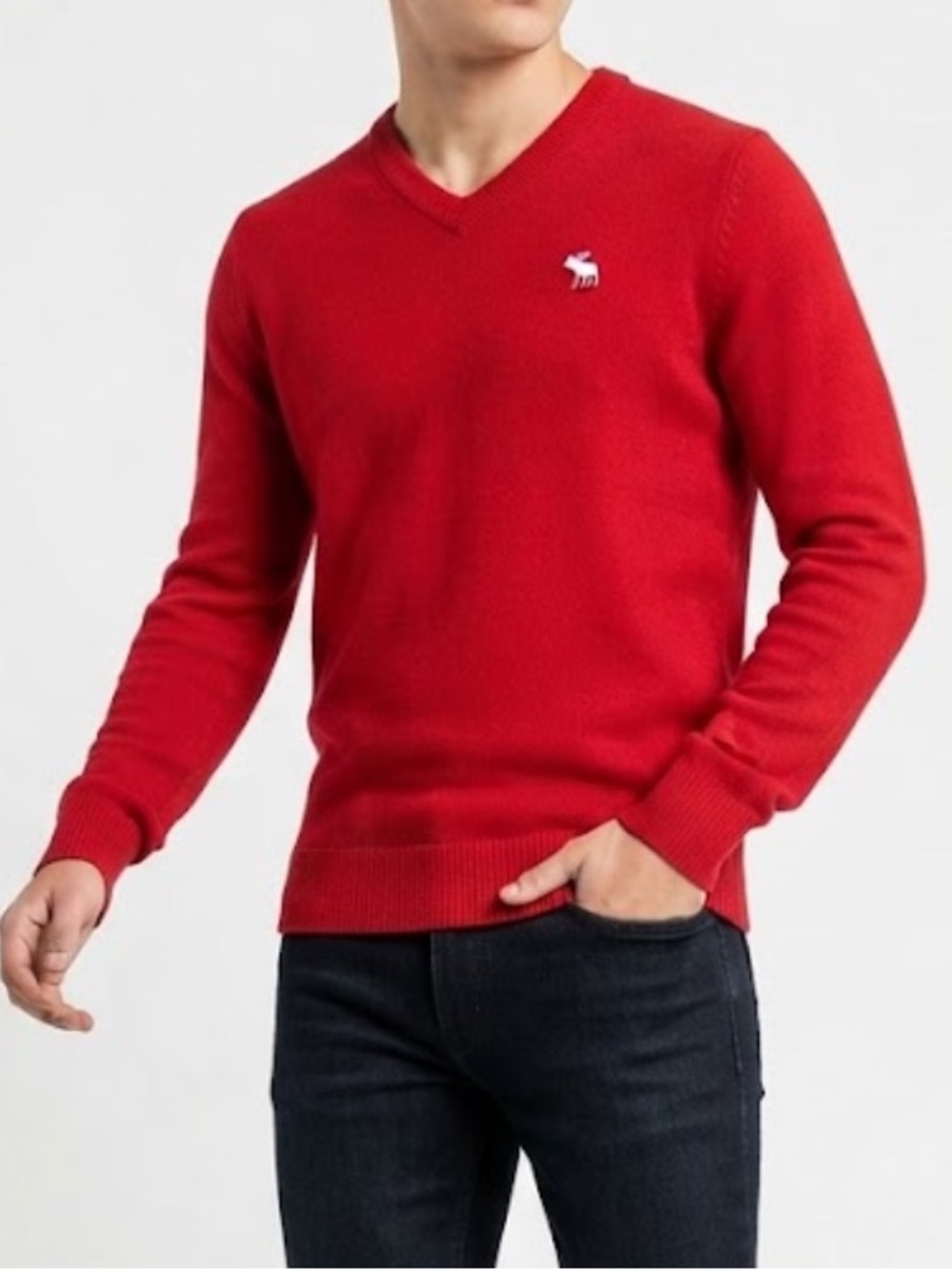 Abercrombie & Fitch Men's Bright Red V-Neck Sweater Size Large